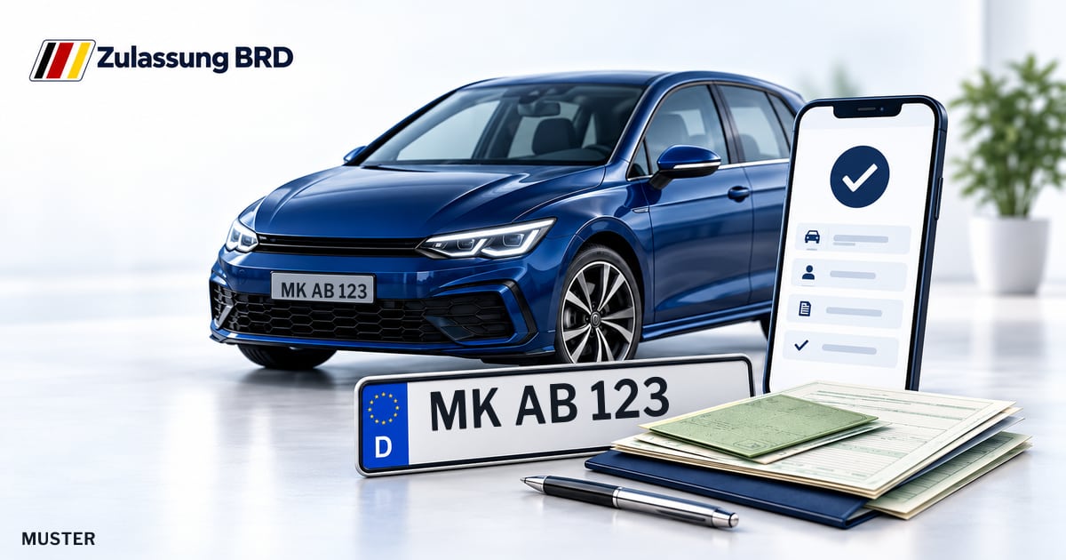 Online Fahrzeugzulassung in Schalksmühle: Musterkennzeichen MK AB 123, Auto und Fahrzeugpapiere und Smartphone. Illustration mit Logo von Zulassung BRD.